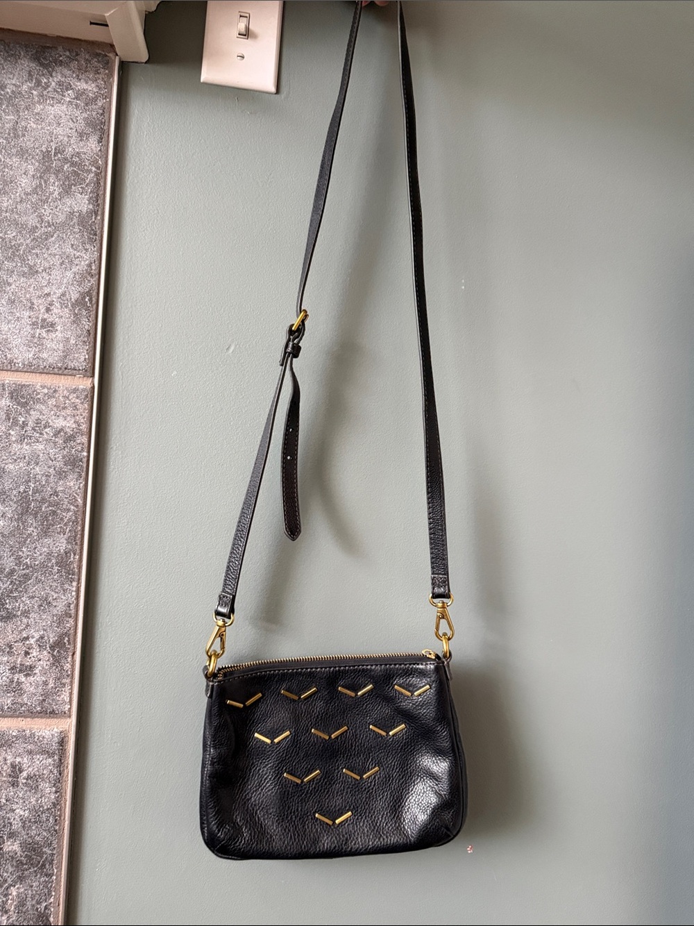 Fossil Black Leather Crossbody with Gold Stud Accents